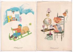 7 db MODERN magyar retro grafikai üdvözlő képeslap vegyes minőségben. Képzőművészeti Alap / 7 modern...