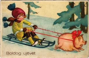 Boldog újévet! Malac szán / New Year greeting, pig sleigh. LP 2103. litho (EK)