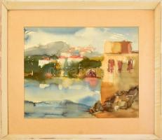 Plesznivy Károly (1930-1984): Dubrovnik. Akvarell, papír, jelzés nélkül, hátoldalán Képcsarnok Vállalat címkéjével. Üvegezett, kissé sérült fakeretben. 33x42,5 cm