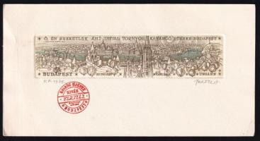 Vertel József (1922-1993): Budapesti látkép, 1979. Rézkarc, papír, jelzett, alkalmi bélyegzővel (Boldog új évet kíván Vertel J.), lapméret: 10,5x19,5 cm