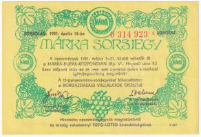 1981. Márka Sorsjegy I. sorozat, 0 314 923 sorszámú sorsjegye T:AU kis sarokhajlás