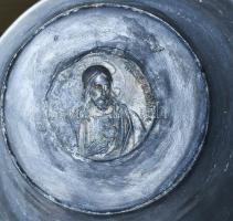Régi ón korsó, belsejében Krisztus relieffel, kopásokkal, m: 32 cm