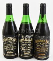 1981 Hosszúhegyi Cabernet S[auvignon], 3 palack muzeális bor, hajós-bajai borvidék, szakszerűen tárolt bontatlan palack vörösbor, kopott, sérült címkékkel, 0,75lx3