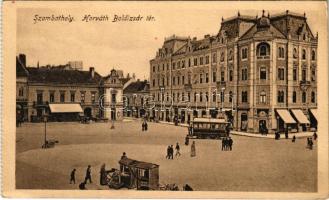 Szombathely, Horváth Boldizsár tér, villamos, piac, Hungária szálloda, üzletek (fa)