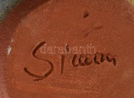 Levélmotívumos asztali mázas kerámia tartó, jelzett, kis kopásnyomokkal, d: 11 cm