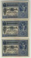 Német Birodalom / Császárság 1917. 5M (5x) egymás utáni ill. közeli sorszámokkal T:II+