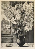 Maurer Dóra (1934-): Virágok. Rézkarc, papír, kartonra kasírozva, jelzett, lap széle kissé foltos, rézkarc alja kissé sérült, 40×29 cm.