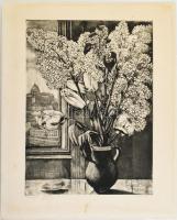 Maurer Dóra (1934-): Virágok. Rézkarc, papír, kartonra kasírozva, jelzett, lap széle kissé foltos, r...
