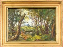 Herman Lipót (1884-1972): Kilátás a fák között. Olaj, farost, jelezve jobbra lent. Hátoldalán autográf felirattal és Képcsarnok Vállalat címkéjével. Dekoratív, üvegezett, kissé sérült fakeretben, 33×46 cm.