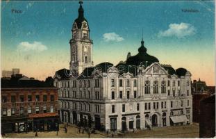 1921 Pécs, Városháza, Steiner Simon férfi szabó üzlete, Gyógyszertár. 19 Vasúti levelezőlapárusítás (EK)