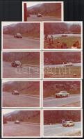 1976 Visegrád, hegyi autóverseny (rally), a résztvevő versenyzők autói (Cserkuti László, Gál István, Kiss Dezső, stb.), 9 db fotó, a hátoldalon feliratozva, 12,5x9 cm