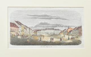 1857 Aradi főpiacz látképe, Vasárnapi Újság illusztráció, színezett fametszet, papír, paszpartuban, kis gyűrődésekkel, 11x20 cm