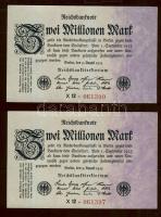 Német Birodalom / Weimari Köztársaság 1923. 2.000.000M (2x) közeli sorszámokkal T:I