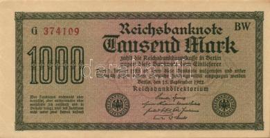 Német Birodalom / Weimari Köztársaság 1922. 1000M (2x) kis ugrású sorszámokkal T:I