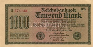 Német Birodalom / Weimari Köztársaság 1922. 1000M (2x) kis ugrású sorszámokkal T:I