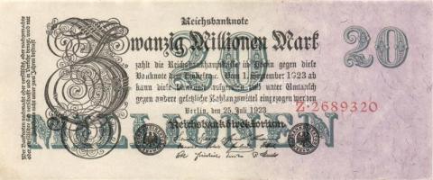 Német Birodalom / Weimari Köztársaság 1923. 20.000.000M (2x) birodalmi nyomat, egymás utáni sorszámokkal T:I