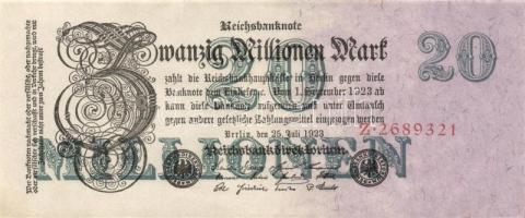 Német Birodalom / Weimari Köztársaság 1923. 20.000.000M (2x) birodalmi nyomat, egymás utáni sorszámo...