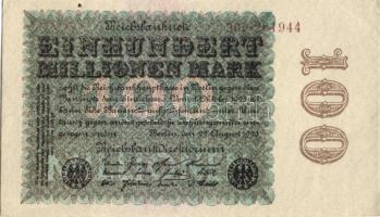 Német Birodalom / Weimari Köztársaság 1923. 100.000.000M (2x) cégnyomat hátoldali fázercsíkkal, egymás utáni sorszámokkal T:I,II+