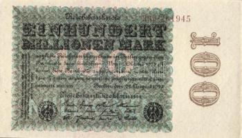 Német Birodalom / Weimari Köztársaság 1923. 100.000.000M (2x) cégnyomat hátoldali fázercsíkkal, egym...