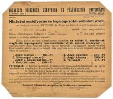 1946 Minőségi osztályozás és legmagasabb vállalati árak. Budapesti Nőiszabók, Leányruha- és Fűzőkészítők Ipartestülete. Bélyegzővel, kisebb lapszéli szakadásokkal, sarkain vágott, 26,5x23 cm