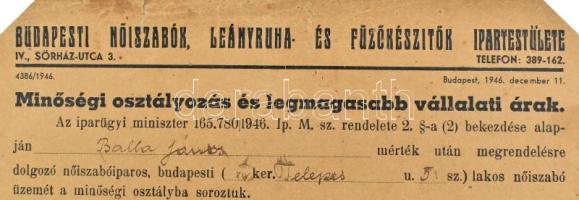 1946 Minőségi osztályozás és legmagasabb vállalati árak. Budapesti Nőiszabók, Leányruha- és Fűzőkész...