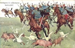 K.u.K. cavalry, humour, pig, goose B.K.W.I. 346-9. s: Schönpflug, K.u.K. lovaskatonák, humor, malac, liba B.K.W.I. 346-9. s: Schönpflug