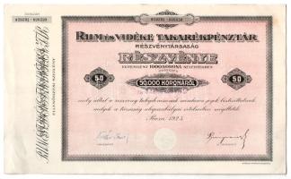 Rum 1925. Rum és Vidéke Részvénytársaság 50db részvénye egyben, összesen 50.000K-ról, szelvényekkel, szárazpecséttel, bélyegzéssel T:XF