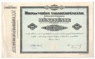 Rum 1925. Rum és Vidéke Részvénytársaság 100db részvénye egyben, összesen 100.000K-ról, szelvényekkel, szárazpecséttel, bélyegzéssel T:XF fo.