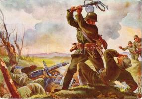 Antal Pál őrmester hősies rajtaütéssel ellenséges géppuska-fészket tett ártalmatlanná, zsákmányolt szovjet géppisztollyal / WWII Hungarian military art postcard s: Gönczi Gebhardt (EK)