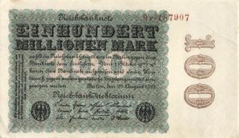 Német Birodalom / Weimari Köztársaság 1923. 100.000.000M (2x) cégnyomat, egymás utáni sorszámokkal T:I-