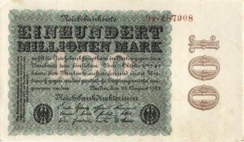 Német Birodalom / Weimari Köztársaság 1923. 100.000.000M (2x) cégnyomat, egymás utáni sorszámokkal T...