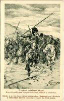 37. számú csataképes kártya. Honvéd huszárjaink Nyugat-Galíciában üldözik a kozákokat. Kiadja a M. kir. Honvédelmi Minisztérium Hadsegélyező Hivatala / WWI K.u.K. military, Austro-Hungarian hussars chasing the Cossacks
