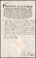 1823 Esztergom, hivatalos egyházi irat, a fejlécen Rudnay Sándor esztergomi érsek nevével, rajta más egyházi személyek aláírásaival, papírfelzetes viaszpecséttel