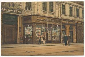 1908 Nagyvárad, Oradea; Rákóczi út, Szabó László, Lebovits üzlete, Vidor Manó könyv- és papírkereskedése és saját kiadása / street view, publishers shop, bank (EK)