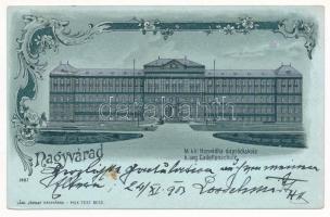 1904 Nagyvárad, Oradea; M. kir. Honvéd hadapród iskola. Lang József kiadása / k. ung. Cadettenschule / K.u.K. military cadet school. metallic, floral Art Nouveau litho (Rb)