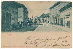 1899 (Vorläufer) Lippa, Lipova; Fő utca, Grósz Nővérek, Weisz József üzlete, piac / main street, shops, market (kopott sarkak / worn corners)