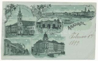 1899 (Vorläufer) Arad, Minorita templom, vár főkapuja, Maros-part, Lyceum, Arad-Csanádi egy. Vasutak palotája, lóvasút. Lengyel Lipót kiadása / Minorite church, castle gate, Mures riverside, grammar school, railway palace, horse-drawn tram. Art Nouveau, floral, litho (vágott / cut)