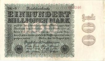 Német Birodalom / Weimari Köztársaság 1923. 100.000.000M (4x) cégnyomatok kétféle vízjellel, közeli ...