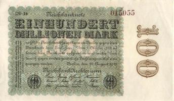 Német Birodalom / Weimari Köztársaság 1923. 100.000.000M (4x) cégnyomatok kétféle vízjellel, közeli ...