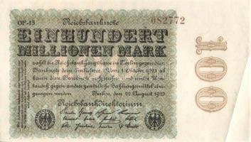 Német Birodalom / Weimari Köztársaság 1923. 100.000.000M (3x) cégnyomat, egymás utáni sorszámokkal T...