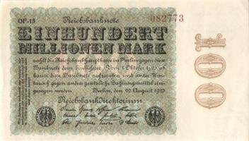 Német Birodalom / Weimari Köztársaság 1923. 100.000.000M (3x) cégnyomat, egymás utáni sorszámokkal T:I,I-