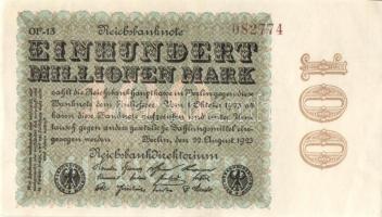 Német Birodalom / Weimari Köztársaság 1923. 100.000.000M (3x) cégnyomat, egymás utáni sorszámokkal T...