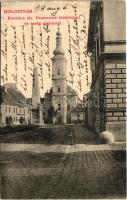 1913 Kolozsvár, Cluj; Karolina tér, Ferenciek temploma, Ínség szobor. Lepage Lajos kiadása / square, church, statue (EK)