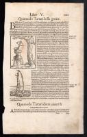 1560 Nyílpuskás férfi vadászik/akasztás, fametszetű illusztrációk, a másik oldalán további két fametszetű illusztrációval, papír, In: Sebastian Münster: Cosmographie, kissé foltos, az egyik szélén vágott, 33x20 cm