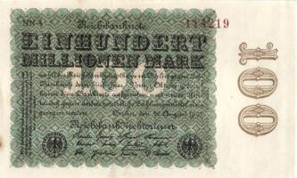 Német Birodalom / Weimari Köztársaság 1923. 100.000.000M (2x) cégnyomat "Ringe" vízjellel, egymás utáni sorszámokkal T:I-