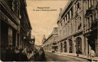 1907 Nagyvárad, Oradea; Fő utca, Rimanoczy palota, Szirmai, Sz. Kocsis János, Alkalmi áruház, zászló készítés, cipő. W.L. 977. / main street, palace, shops (EB)