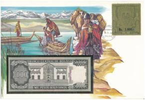 Bolívia 1982. 1000P felbélyegzett borítékban, bélyegzéssel T:UNC Bolivia 1982. 1000 Pesos in envelope with stamp and cancellation C:UNC