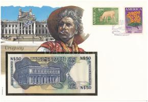 Uruguay 1989. 50P borítékban, alkalmi bélyeggel és bélyegzéssel T:AU kissé hullámos papír Uruguay 1989. 50 Pesos in envelope with stamps and cancellations C:AU slightly wavy paper