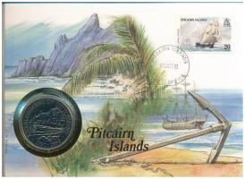 Pitcairn-szigetek 1990. 1$ Cu-Ni "A Pitcairn szigetek gyarmatosításának 200. évfordulója" forgalomba nem került emlékkiadás felbélyegzett borítékban, bélyegzéssel, német nyelvű leírással T:1 patina Pitcairn Islands 1990. 1 Dollar Cu-Ni "200th Anniversary of the Pitcairn Islands" non-circulating commemorative coin in envelope with stamp, cancellation, and a description in german C:UNC patina Krause KM#7