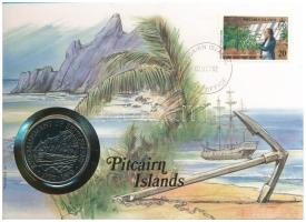 Pitcairn-szigetek 1990. 1$ Cu-Ni A Pitcairn szigetek gyarmatosításának 200. évfordulója forgalomba nem került emlékkiadás felbélyegzett borítékban, bélyegzéssel, német nyelvű leírással T:UNC patina Pitcairn Islands 1990. 1 Dollar Cu-Ni 200th Anniversary of the Pitcairn Islands non-circulating commemorative coin in envelope with stamp, cancellation, and a description in german C:UNC patina Krause KM#7